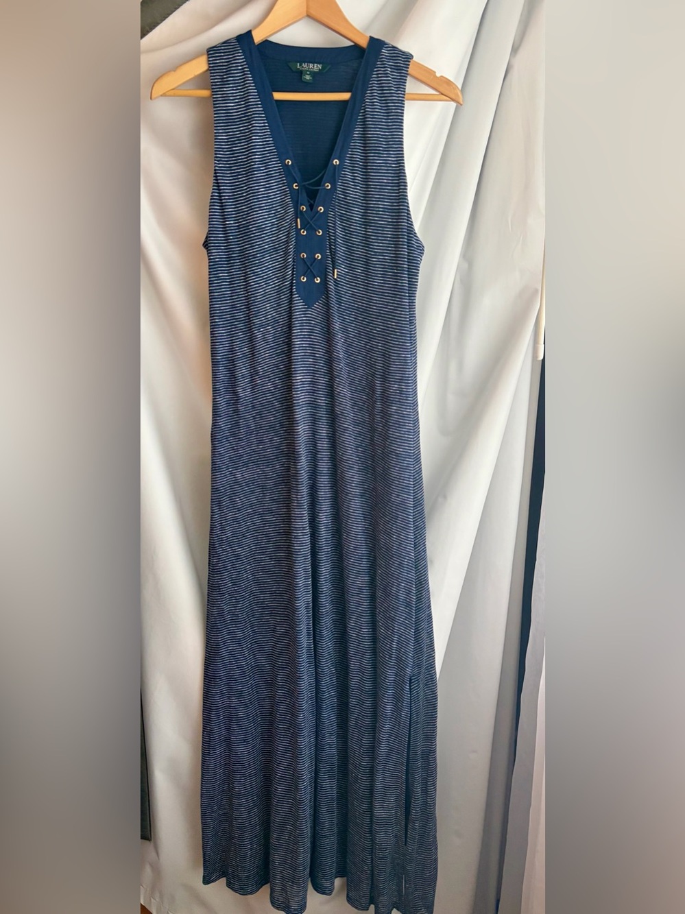 Ralph Lauren Navy Linen Striped Lace-Up Maxi Dress - Picture 2 of 8
